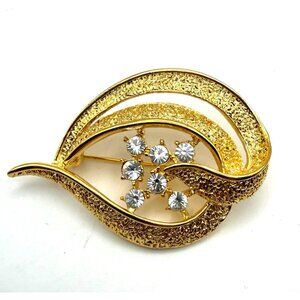 Vintage Gold Tone Leaf Brooch Clear Rhinestone Swirl Textured Statement Pin